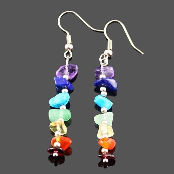 Natural Stone Dangle Earrings Womens Statement 7 Multi Color Chakra Jewelry New - Picture 4 of 4